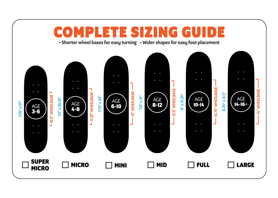Size chart for skateboard completes